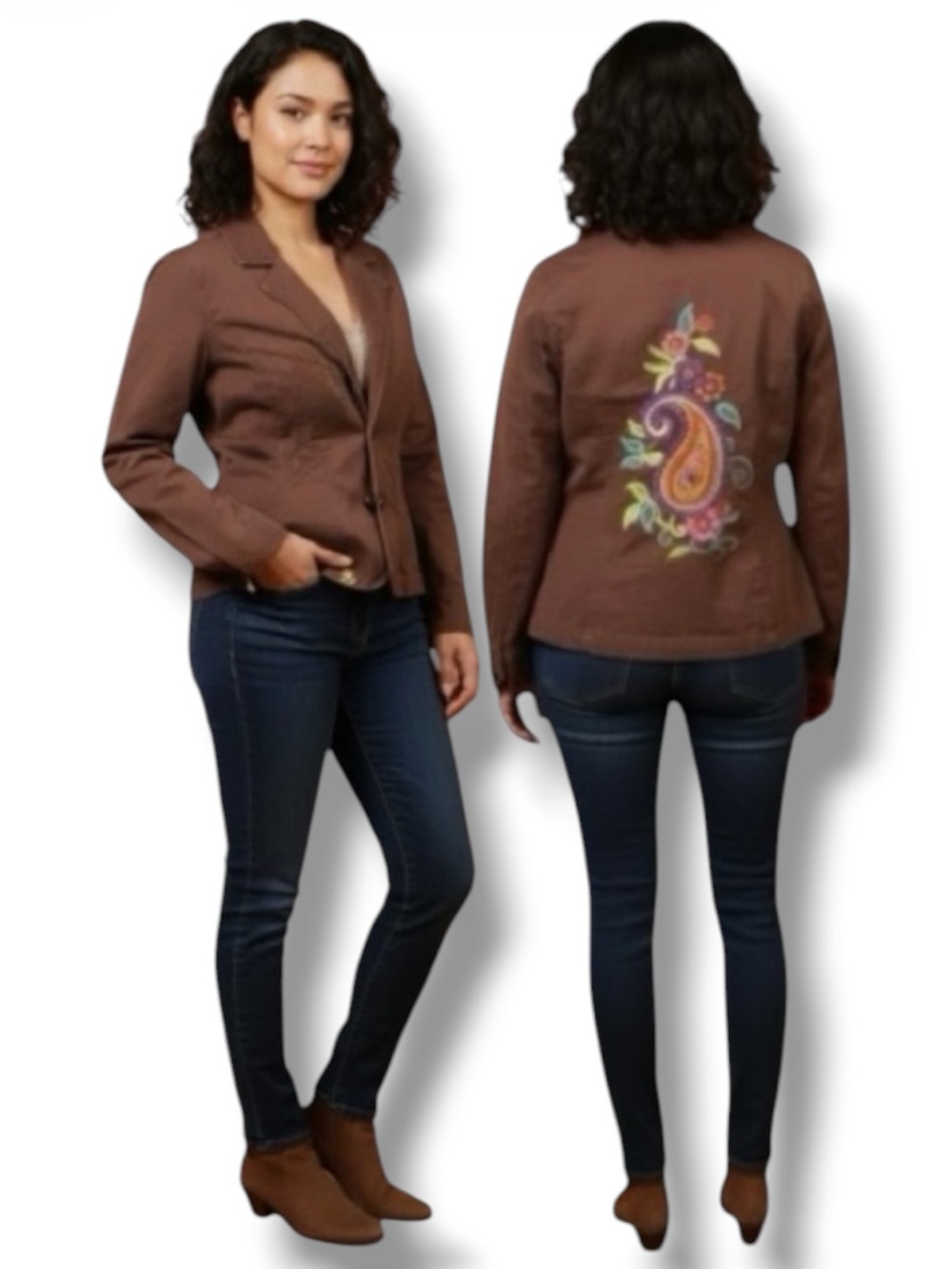 Tco Kristin Davis Embroidered Paisley Blazer Jacket Brown Cotton Women's XL